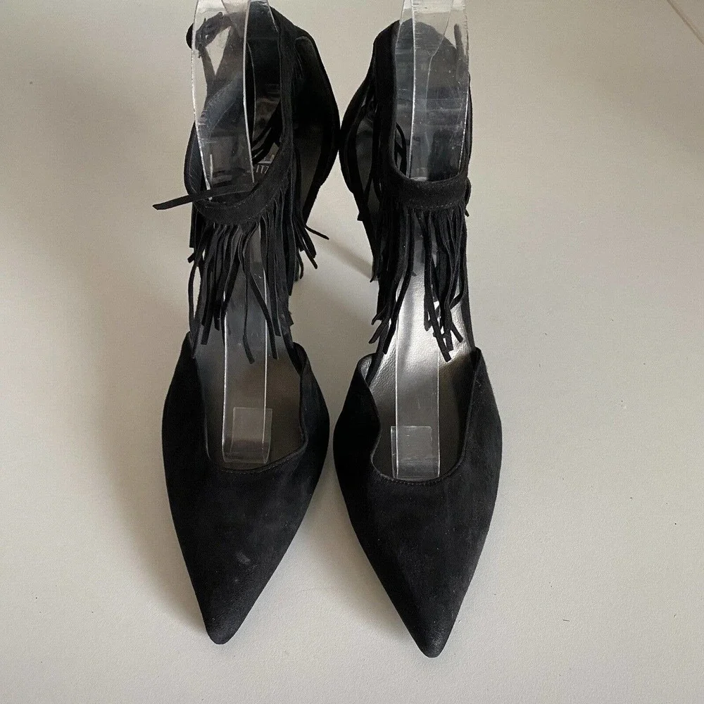 Stuart Weitzman Fringelica Black Suede Pump Point Toe Fringe Slim Heel A…